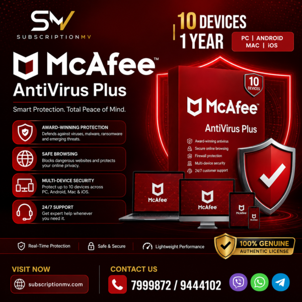 McAfee AntiVirus Plus - 10 Devices, 1 Year ( PC, Android, Mac, iOS ) - McAfee - GLOBAL