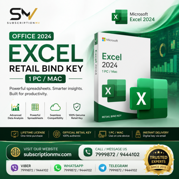 Office 2024 Excel Retail Bind Key 1 PC/Mac
